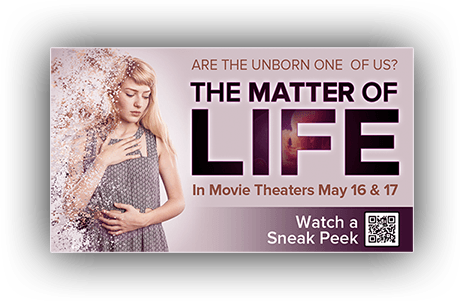 A PowerPoint slide, featuring the main poster imagery of a woman embracing her chest and stomach, with a QR code to watch a sneak peek of the film.