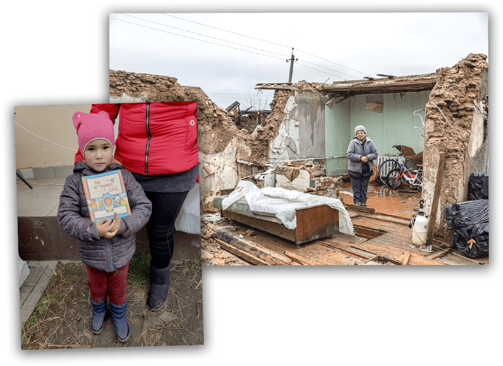 Two photos: a woman stands in a destroyed house; a kid holds a Jesus Storybook Bible.