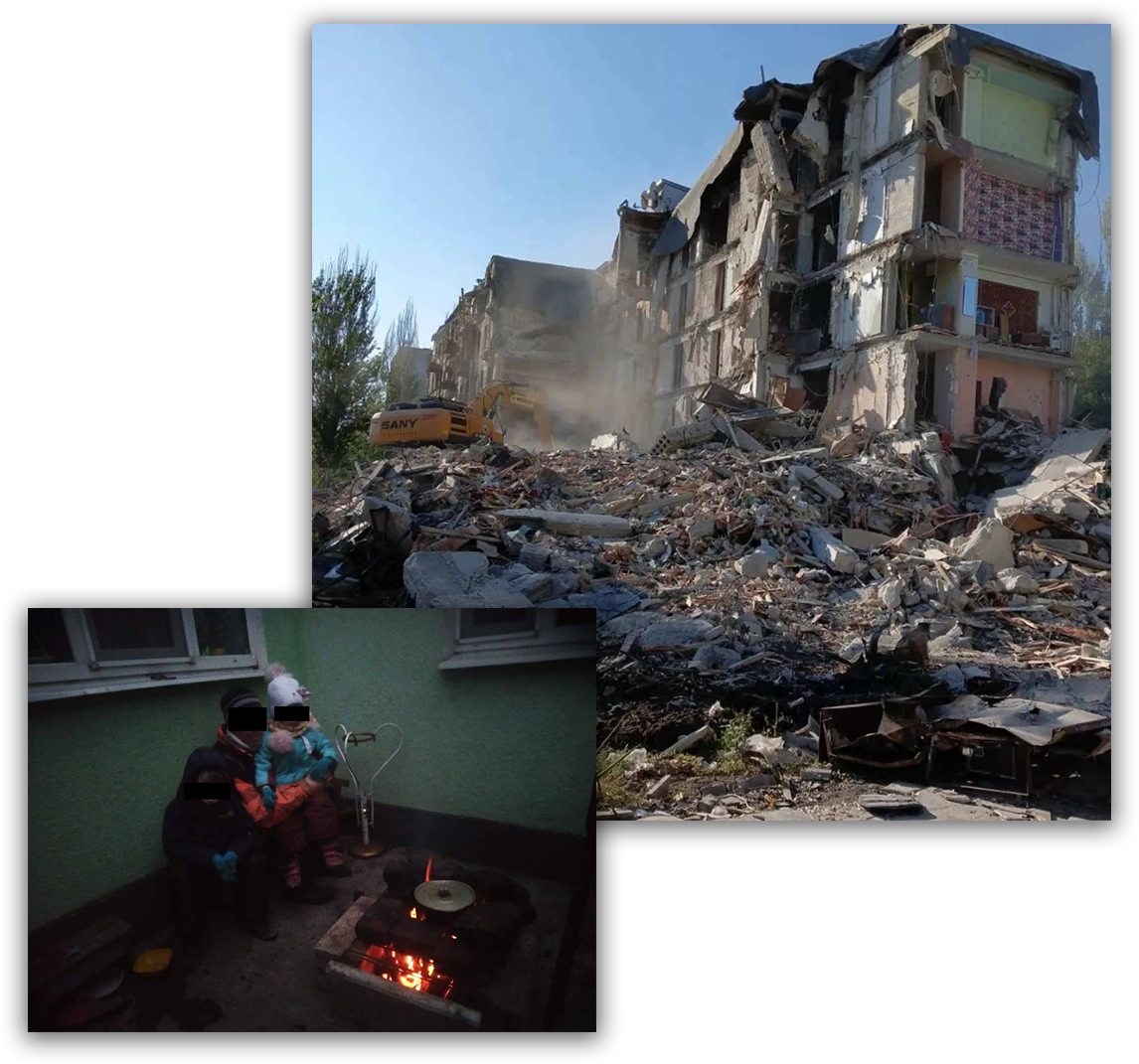 Two photos: A pot is heated over a small fire as a three children sit around it. A digger moves rubble next to a group of buildings are torn down half-way.