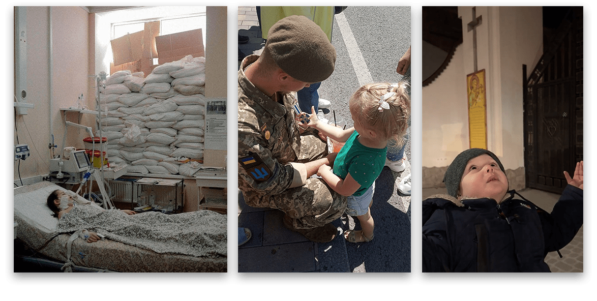 Images of a child in hospital, a child with military man, and a little boy praying.