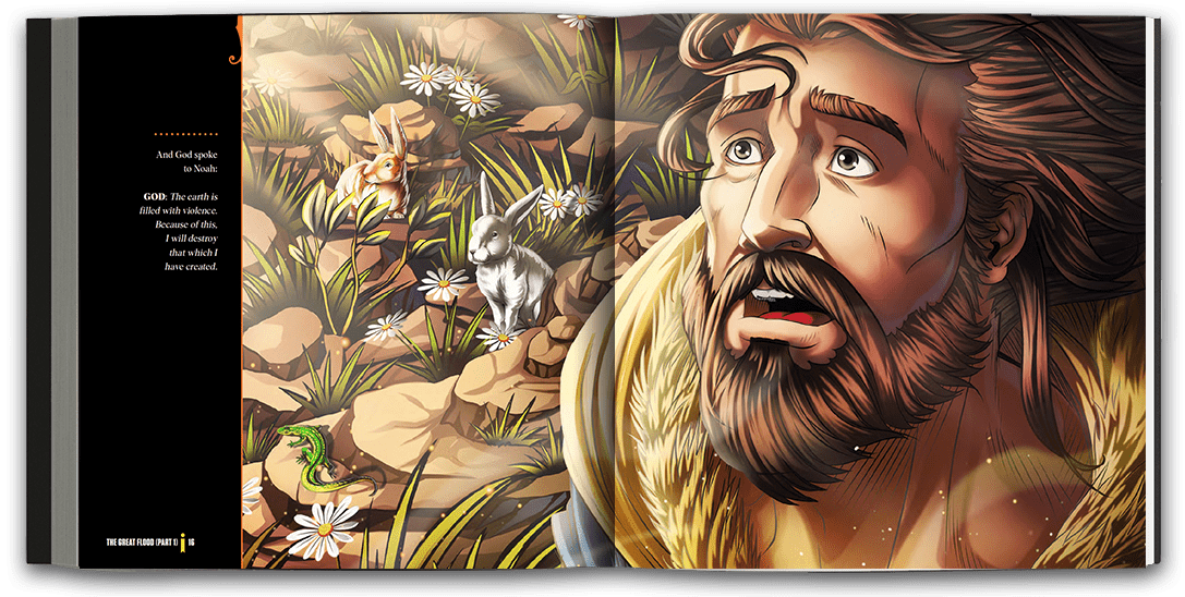 Beautifully illustrated full-page spread of God speaking to Noah.