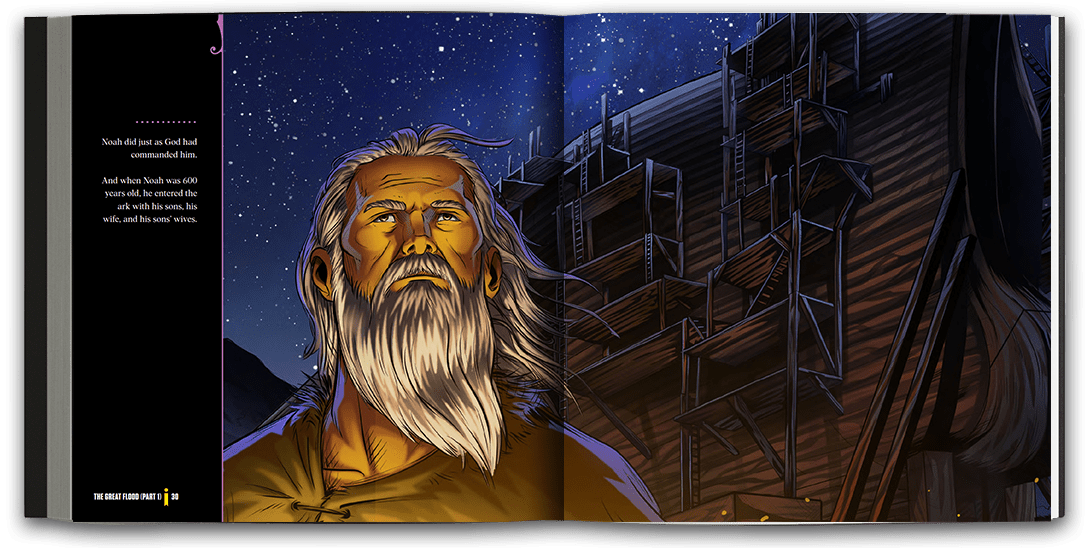 Beautifully illustrated full-page spread of Noah standing in front of the Ark.