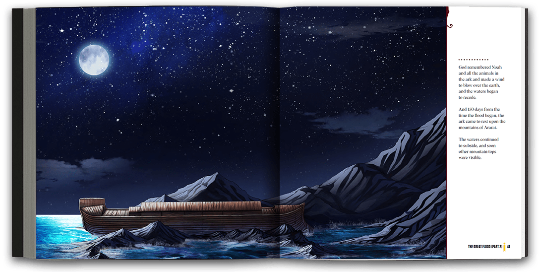 Beautifully illustrated full-page spread of Noah's Ark in the water.