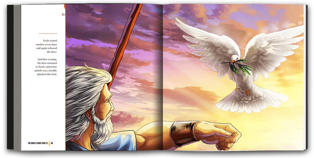 Beautifully illustrated full-page spread of the dove returning to Noah.