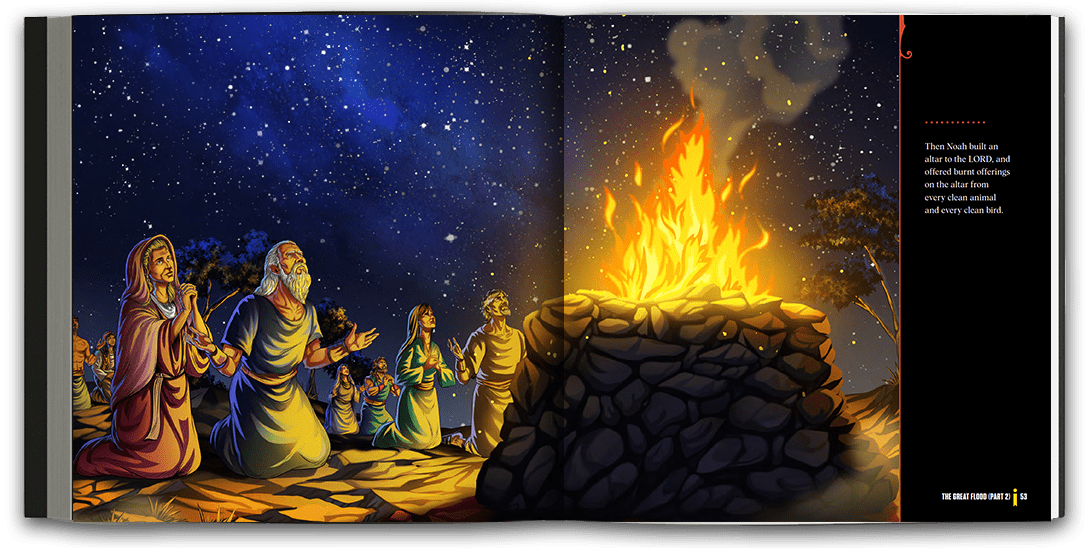 Beautifully illustrated full-page spread of Noah kneeling in front of the altar he built.