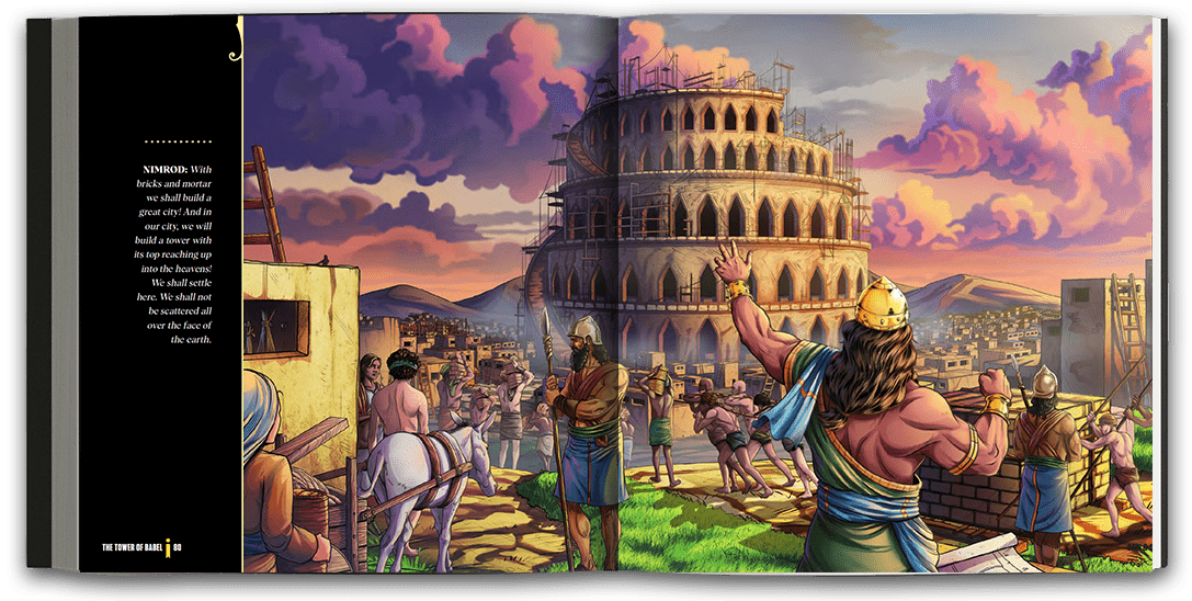 Beautifully illustrated full-page spread of Nimrod.